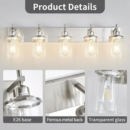 5-Light Brushed Nickel Bathroom Light Fixture Over Mirror Modern Bathroom Vanity Light Vintage Wall Lighting with Clear Glass Shade for Bathroom, Bedroom, Hallway, Cabinet