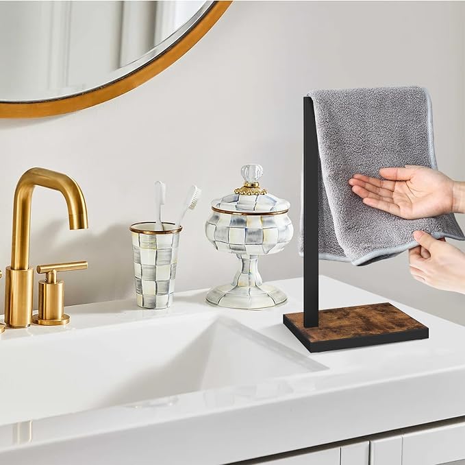Hand Towel Stand for Bathroom Counter, L-Shape Hand Towel Holder | Towel Holder Stand Height 13.85'' for Vanity Countertop, Kitchen Counter, Rustic Brown-Square Base-L Shape