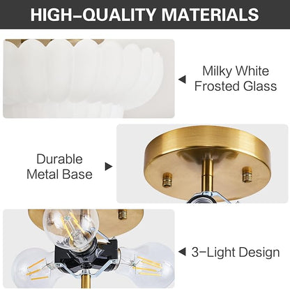 Glass Semi Flush Mount Ceiling Light Fixture,Gold,11.8 in,3-Lights | Milk White Frosted Glass,E26 Base,Support Dimmable,for Hallway,Bedroom,Bathroom,Entryway,Kitchen,Foyer,Closet,Laundry Room