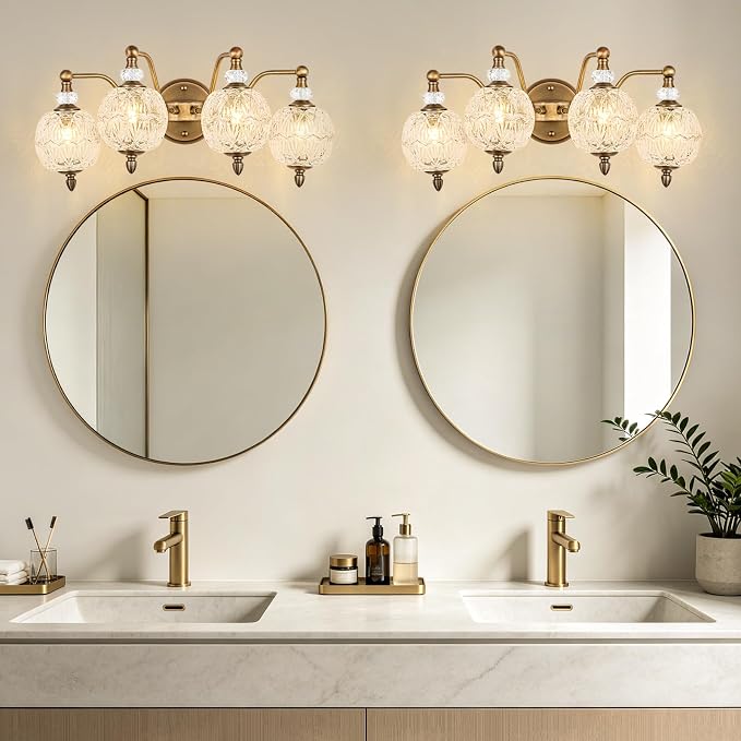 Vintage Bathroom Vanity Light, 4-Light Mid Century Matte Antique Brass Finish Wall Sconce with Globe Glass Shades, Retro Mirror Light for Bathroom, Powder Room