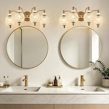 Vintage Bathroom Vanity Light, 4-Light Mid Century Matte Antique Brass Finish Wall Sconce with Globe Glass Shades, Retro Mirror Light for Bathroom, Powder Room