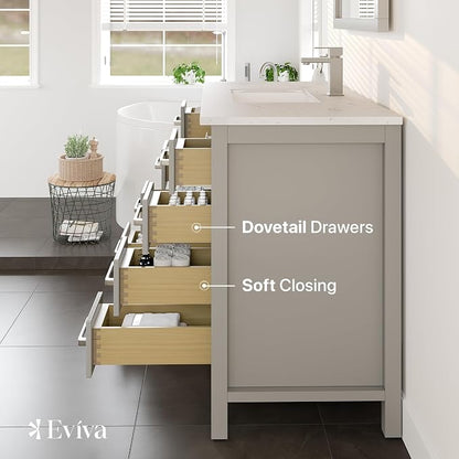 Eviva London 42 Inch Vanity with Top – 42 Bathroom Vanity with Sink and Countertop, Gray Bathroom Sink Cabinet with Quartz Countertop & Porcelain Single Sink for Modern Bathroom & Home Decor