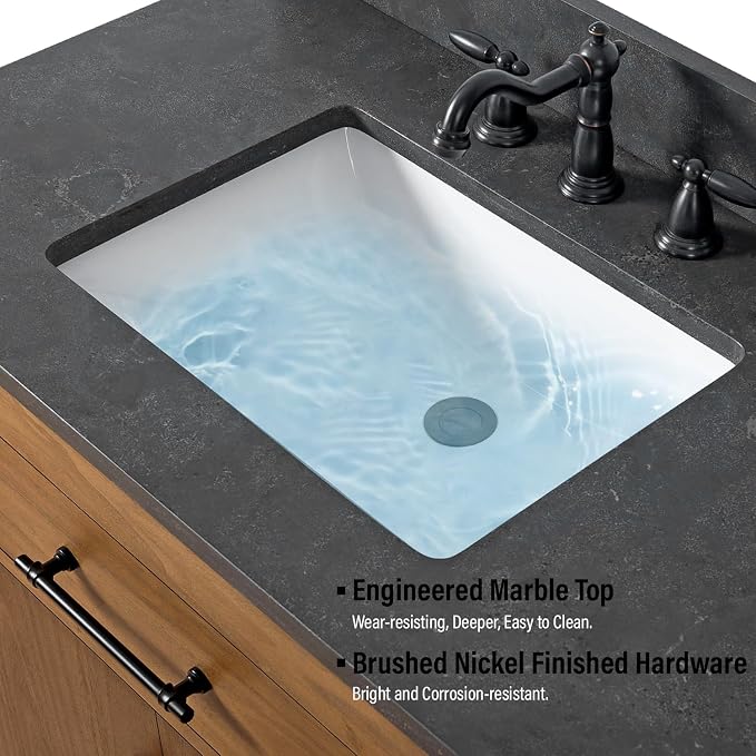 Vanity Art 36 inch Bathroom Vanity with Single Sink, Modern Wood Bath Vanity with Black Marble Top, Vanity Cabinet with Doors, Removable Shelf, Solid Wood Frame, Ceramic Sink, Tan VA7036B