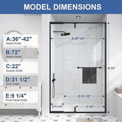 36-42" W x 72" H Semi Frameless Pivot Shower Door Matte Black | 1/4"(6mm) SGCC Tempered Glass with Explosion-Proof Film &Nano Coating,Customizable Width