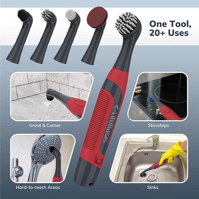 LifeBasis Cordless Rechargeable Power Scrubber Brush, Red | Water-resistant Compact Scrubber with 5 Replaceable Brush Heads for Grout, Tile, Shower, Tub, Kitchen and Bathroom Cleaning