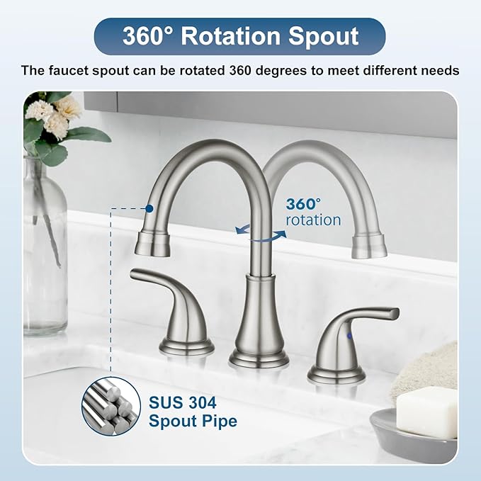 Widespread Bathroom Sink Faucet Deck Mounted 3 Hole 8 inch Bathroom Vanity Faucet 2 Handles Basin Mixer Tap with Pop up Drain,Brushed Nickel