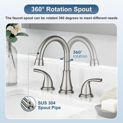Widespread Bathroom Sink Faucet Deck Mounted 3 Hole 8 inch Bathroom Vanity Faucet 2 Handles Basin Mixer Tap with Pop up Drain,Brushed Nickel