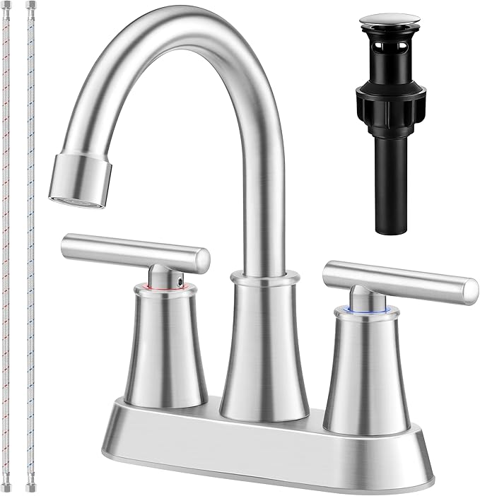 Herogo Bathroom Faucet for Sink 3 Holes Brushed Nickel, 4 Inch 2-Handle Centerset Bathroom Sink Faucet with Pop-Up Drain & Supply Hoses, 18/10 Stainless Steel, for RV Vanity Lavatory