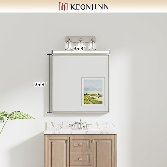 Keonjinn 36"x36" Brushed Nickel Framed Mirrors for Bathroom Sink, Anti Rust | Square Rectangular Mirror for Wall, Beveled Frame Design, Rustic Bathroom Vanity Mirror, Tempered Glass, Farmhouse Style