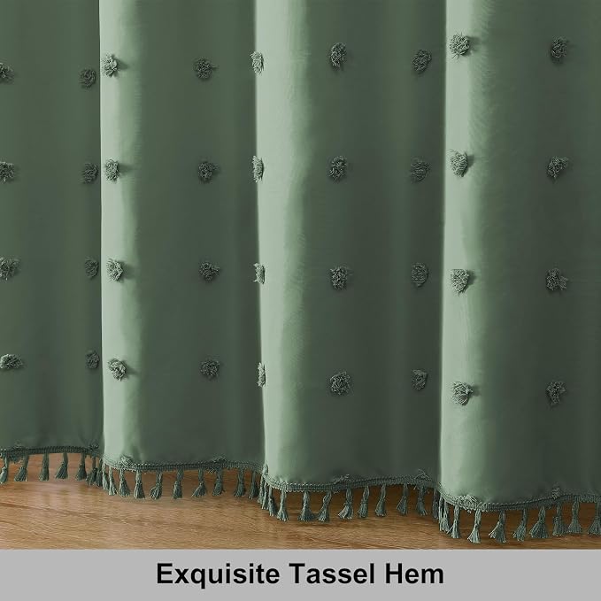 LilyCat Dark Green Boho Tufted Floral Shower Curtain with Tassel, 72" x 78" | Waterproof Boho Fabric Shower Curtain Set with Hooks, Cute Rustic Vintage Bathroom Décor, Minimalist Cloth Bathroom Curtain