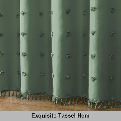 LilyCat Dark Green Boho Tufted Floral Shower Curtain with Tassel, 72" x 78" | Waterproof Boho Fabric Shower Curtain Set with Hooks, Cute Rustic Vintage Bathroom Décor, Minimalist Cloth Bathroom Curtain