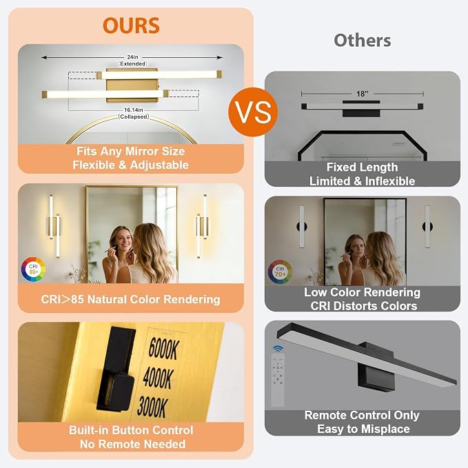 Bathroom Vanity Light Bar, 24 Inch Modern LED Bath Light, 18W 3 CCT 3000K 4000K 6000K Dimmable Hardwired Acrylic Vanity Light Bar Over Mirror, Gold, Bathroom, Bedroom, Hallway, Powder Room, Washroom