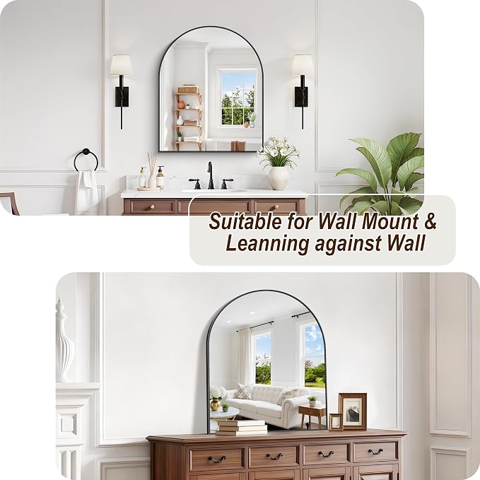 Arched Bathroom Mirror 30x36 Inch, Bathroom Mirror for Over Sink, Wide Wall Mounted Vanity Mirror with Aluminum Frame & Tempered Glass, Ideal for Bedroom, Entryway, Living Room, Mantel, Black