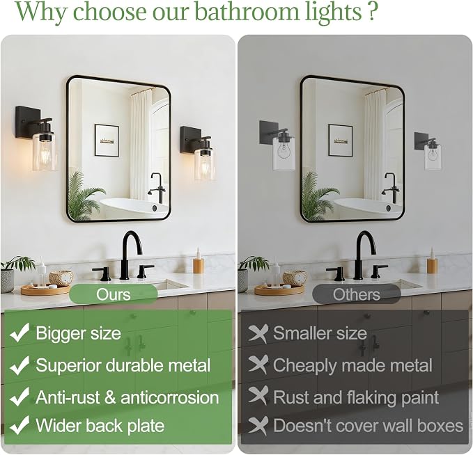 Indoi 1-Light Bathroom Light Fixtures, Matte Black Modern Vanity Lights with Clear Glass Shades, Bathroom Wall Lamp for Mirror Living Room Cabinet Bedroom Porch