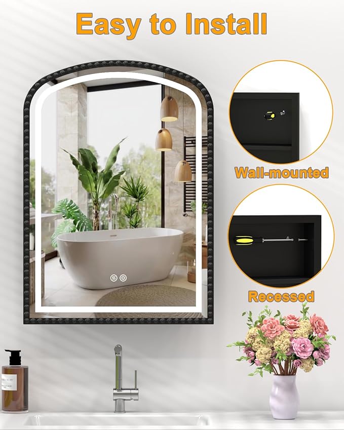 20" x 28" Black LED Bathroom Medicine Cabinet Mirror, Lighted Medicine Cabinets with Mirrors and Storage Wall Mount & Recessed, Dimmable 3 Lighting Colors and Anti-Fog, 1 Organizer, Daisy Beaded Frame