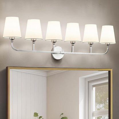 Bathroom Vanity Light, Brushed Nickel Bathroom Light Fixtures, 6-Light Lighting Fixtures Over Mirror, Modern Wall Sconce with Flared White Fabric Shade, E26 Socket(ETL Listed)