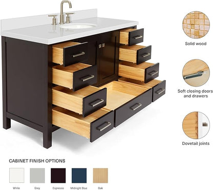 ARIEL 55" Espresso Bathroom Vanity with 1.5" Edge Pure White Quartz Countertop & Backsplash, Center Oval Sink, 2 Soft Closing Doors, 9 Full Extension Dovetail Drawers, Satin Brass