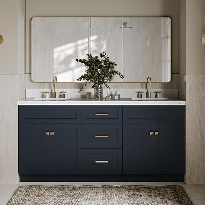 ARIEL Hamlet 72-inch Bathroom Vanity with Sink,Solid Wood, 1.5-inch Carrara White Quartz Countertop, Double Rectangular Porcelain Sink, 4 Soft Closing Doors, 3 Dovetail Drawers, Midnight Blue