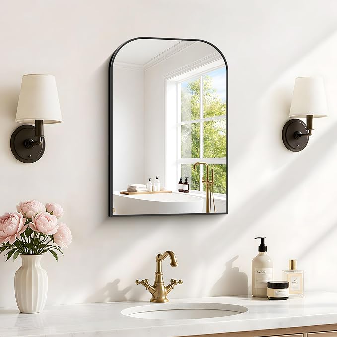 YIROMAN Bathroom Mirrors for Over Sink,16"x24" Black Bathroom Vanity Mirror | Thin Brushed Aluminum Frame,HD tempered glass, Rounded & Right-angle Corners,Sink,Entryway,Bedroom