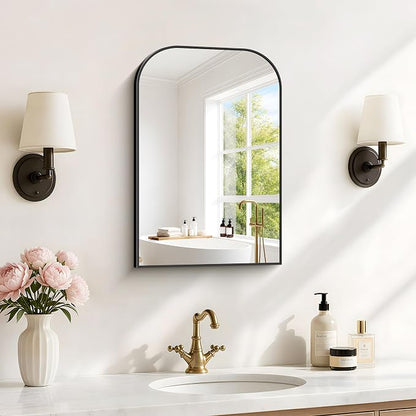 YIROMAN Bathroom Mirrors for Over Sink,16"x24" Black Bathroom Vanity Mirror | Thin Brushed Aluminum Frame,HD tempered glass, Rounded & Right-angle Corners,Sink,Entryway,Bedroom