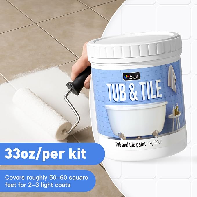 DWIL Tub Paint, Tub and Tile Refinishing Kit 33oz with Tools, Tile Refinishing Kit Bathtub Paint Water Based &Low Odor, Easy to Use Sink for Bathroom Kitchen, Semi-Gloss Vanilla White, 50-55sq.ft