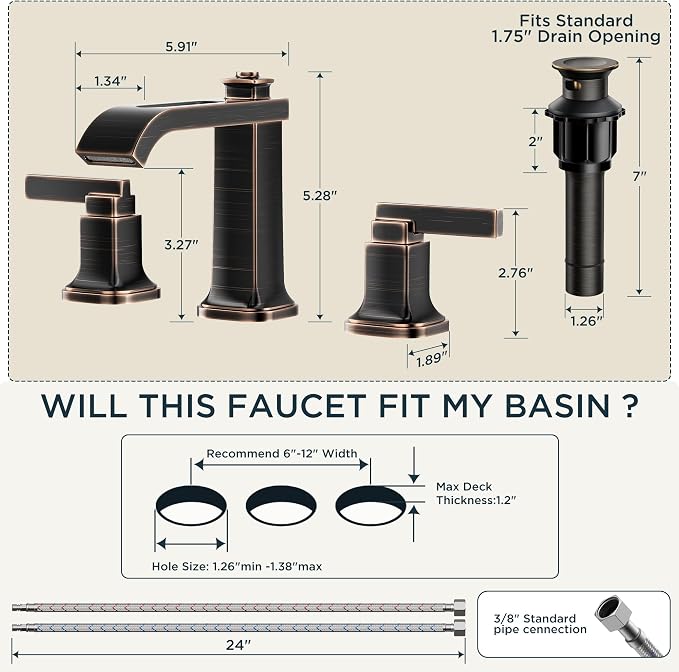FORIOUS Bathroom Faucet 3 Hole Widespread Sink Faucets Oil Rubbed Bronze | 3-hole 4-12 Inch Widespread Sink, Square Waterfall Spout, with Drain and Hoses,for Vanity Rv Commercial Lavatory Restroom