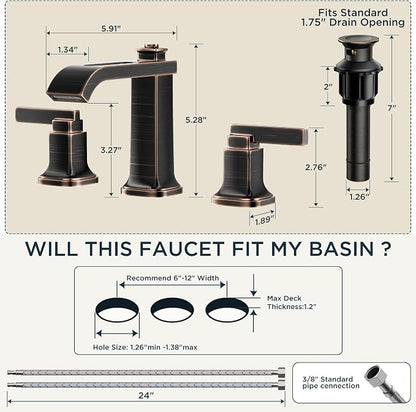 FORIOUS Bathroom Faucet 3 Hole Widespread Sink Faucets Oil Rubbed Bronze | 3-hole 4-12 Inch Widespread Sink, Square Waterfall Spout, with Drain and Hoses,for Vanity Rv Commercial Lavatory Restroom