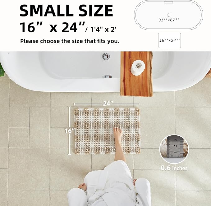 TYUU Waffle Bath Mat, Small Boho Bathroom Rugs Non Slip 24x16 Khaki & White | Super Absorbent Quick Dry Bath Rug, Non-Slip Backing, Soft Waffle Washable Farmhouse Bathroom Mats, Tub, Shower & Home Decor