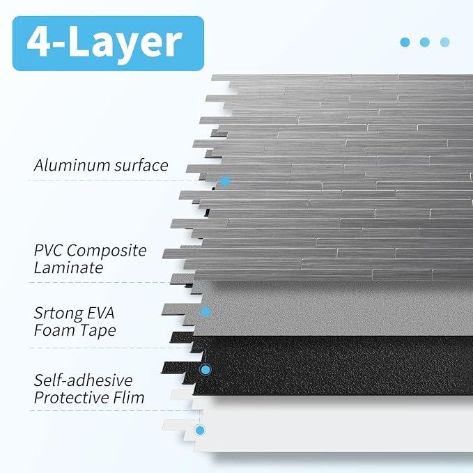 Art3d 10-Pack Metal Peel and Stick Backsplash Tile, Silver Parallel | 12" x 12", Stainless Steel, Self Adhesive, Anti-Corrosion, Waterproof, Lightweight, Ideal for Kitchens, Bathrooms