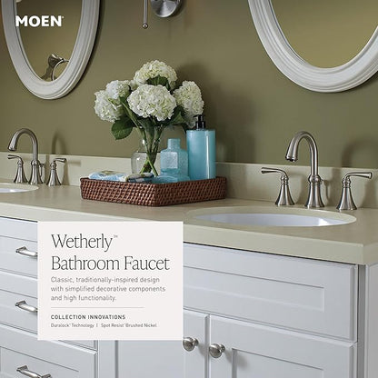 Moen Wetherly Spot Resist Brushed Nickel Two-Handle Widespread Bathroom Faucet with Valve Included, 3-hole Deck Mounted Setup, WS84855SRN
