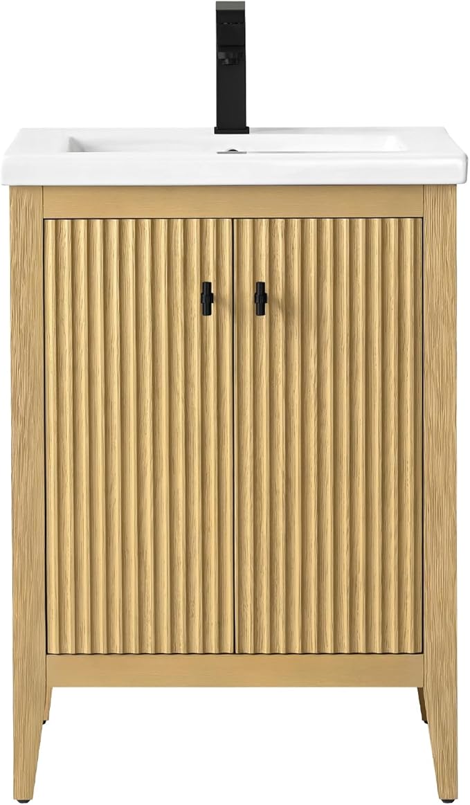 Vanity Art 24 inch Oak Bathroom Vanity with Single Sink & Ceramic Top, Vanity Cabinet with Soft-Closing Door, Solid Wood Frame, Linear Pattern, Natural Oak, VA9124-NO-MB,Matte Black Handles
