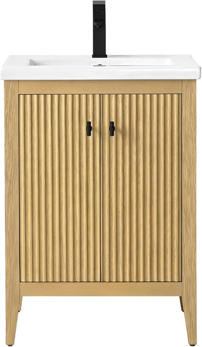 Vanity Art 24 inch Oak Bathroom Vanity with Single Sink & Ceramic Top, Vanity Cabinet with Soft-Closing Door, Solid Wood Frame, Linear Pattern, Natural Oak, VA9124-NO-MB,Matte Black Handles