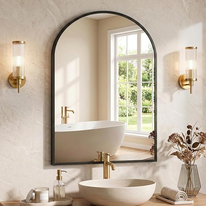 NEWBULIG 20X30 Inch Arched Bathroom Wall Mirror for Over Sink, Black | Wall Vanity Mirror with Tempered Glass, Anti-Rust Arched Metal Framed, Hanging or Leaning, Farmhouse Home Decor