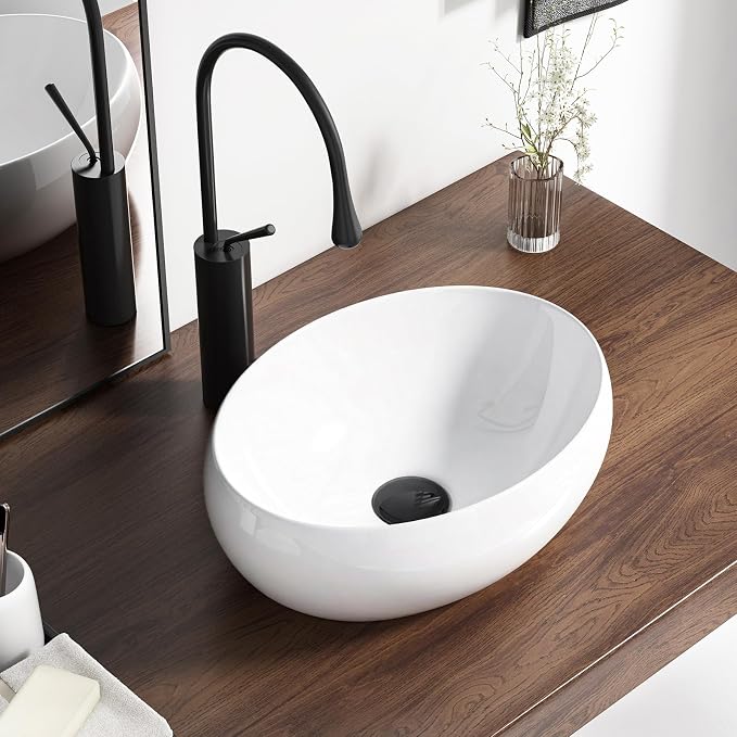 16 Inch Oval Bathroom Sink Above Counter, QISHKA 16" x 12" Ceramic Countertop Vessel Sink, White Modern Egg Shape Bowl Sink Hand Wash Basin