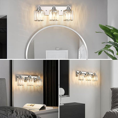 3 Lights Crystal Bathroom Vanity Light Modern Chrome Bathroom Light Fixture Bathroom Lighting Fixtures Over Mirror for Mirror E26 Base