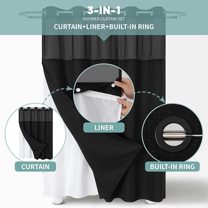 eachope No Hook Waffle Shower Curtain with Snap-in Liner, 60x74 Inch, Black | 230GSM waffle weave fabric, waterproof liner set with 2 bottom magnets, mesh window, washable, for shower stalls or bathrooms