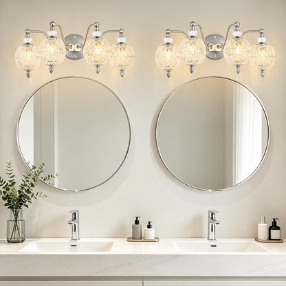4-Light Brushed Nickel Bathroom Vanity Light, Modern Brushed Nickel Finish Wall Sconce with Globe Glass Shades, Modern Mirror Light for Bathroom, Powder Room