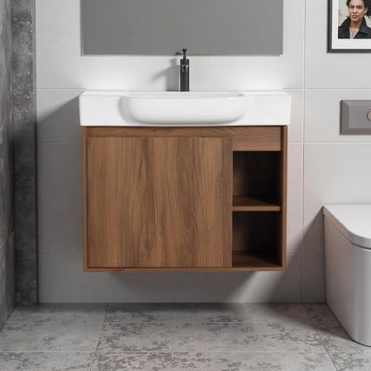 28" Bathroom Vanity with Ceramic Sink, Farmhouse Cabinet, Brown | Small Wall - Mounted Vanity, Soft Close Door, Bottom Storage Space, Two Open Storage Shelves, 45° Inclined Edge Handle