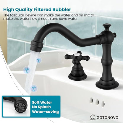 gotonovo Bathroom Faucet 3 Hole 8 Inch Widespread Bathroom Sink Faucet 2 Cross Handles Vintage Lavatory Vanity Mixer Tap with Pop Up Drain, Round Font Label, Matte Black