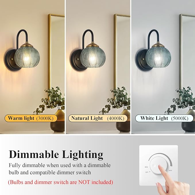 Mecgirn Bathroom Vanity Light Fixtures, 1-Light Green Glass Shade, Modern Black and Gold Wall Sconce, Unique Textured Leaf Pattern, Ceramic E26 Sockets Wall Mounted for Mirror, Cabinet, Hallway
