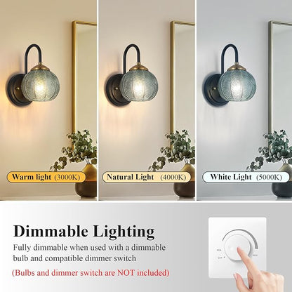 Mecgirn Bathroom Vanity Light Fixtures, 1-Light Green Glass Shade, Modern Black and Gold Wall Sconce, Unique Textured Leaf Pattern, Ceramic E26 Sockets Wall Mounted for Mirror, Cabinet, Hallway