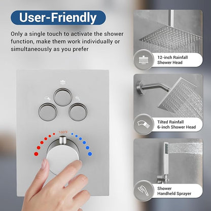 Thermostatic Dual Shower Head System, Brushed Nickel Shower Faucet | 12 Inch Ceiling Rainfall Shower, 6 Inch Wall Mount Head, High Pressure Handheld Sprayer, Push Button Valve