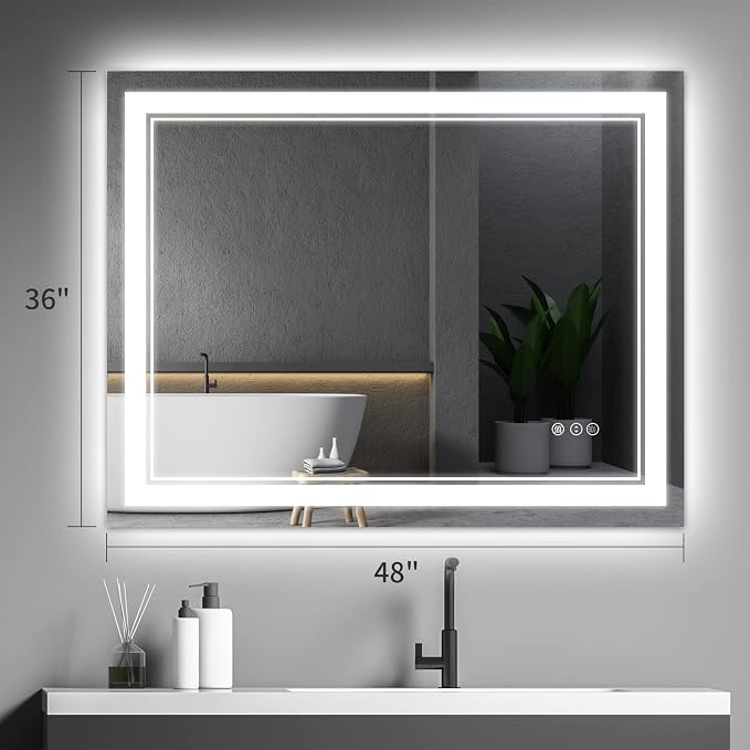 48x36 Inch LED Bathroom Mirror with Lights | Front and Backlit, 3 Colors, Dimmable, Memory, Anti Fog, Shatterproof, Horizontal/Vertical, Lighted Mirrors for Bathroom Wall