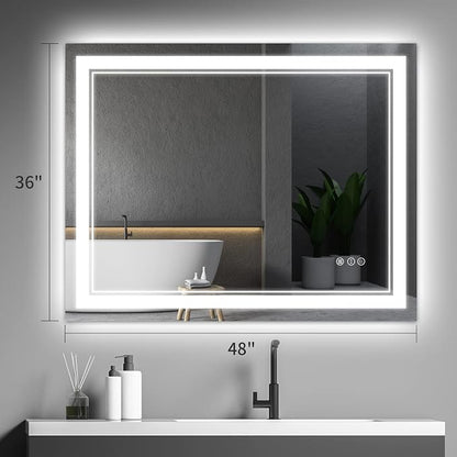 48x36 Inch LED Bathroom Mirror with Lights | Front and Backlit, 3 Colors, Dimmable, Memory, Anti Fog, Shatterproof, Horizontal/Vertical, Lighted Mirrors for Bathroom Wall