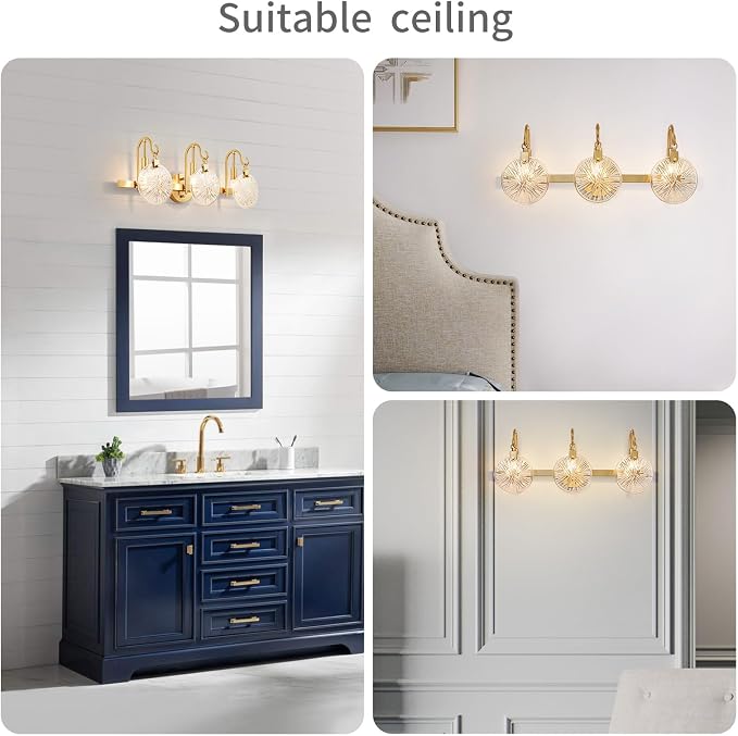 WUZUPS 3-Light Bathroom Light Fixture Over Mirror Morden Vanity Wall Sconces Clear Glass Shade for Bedroom Living Room, E12 Base, Brass Gold