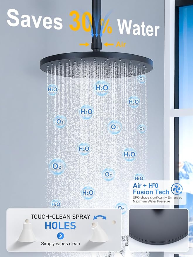 Woindo Shower Faucet Set 10" Rain Shower Head/8'' Side Shower Head and 3 Setting Handheld Ceiling Mount 3 Push Button Diverter Complete Rainfall Round Shower System Included Valve Trim Kit