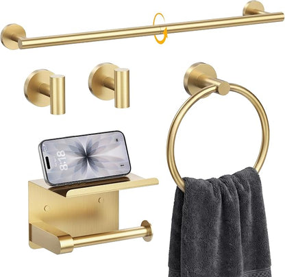 5 Piece 23.6 Inch Brushed Gold Bathroom Hardware Accessories Set | Stainless Steel Bath Extended Towel Bar, Toilet Paper Holder with Shelf, Round Towel Ring Wall Mounted, Towel Hooks