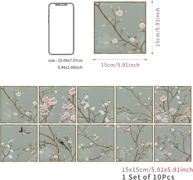 Alwayspon Vinyl Sticker Peel and Stick, Self-Adhesive Wall Tile Transfers Backsplash Sticker Decal for Kitchen Bathroom, 6x6inch/15x15cm 30Pcs, Green Floral T042
