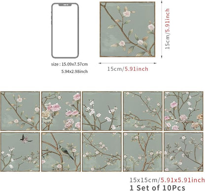 Alwayspon Vinyl Sticker Peel and Stick, Self-Adhesive Wall Tile Transfers Backsplash Sticker Decal for Kitchen Bathroom, 6x6inch/15x15cm 30Pcs, Green Floral T042