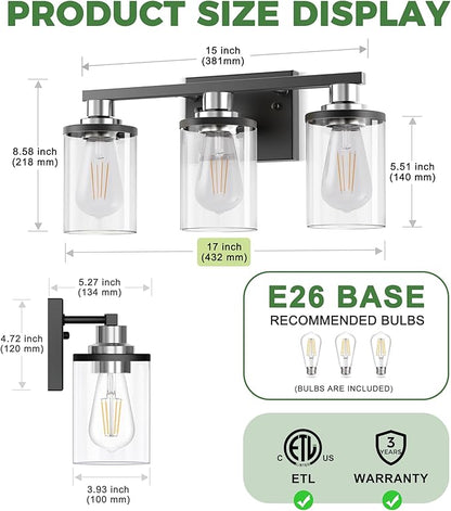 DORESshop 17 Inch Bathroom Light Fixtures, 3-Light Black and Chrome Bathroom Lighting Fixtures Over Mirror with Clear Glass Shade, Vanity Lights for Living Room Bedroom